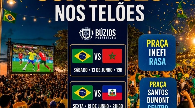 Prefeitura de Búzios instala telões em praças para transmissão dos jogos da Seleção Brasileira