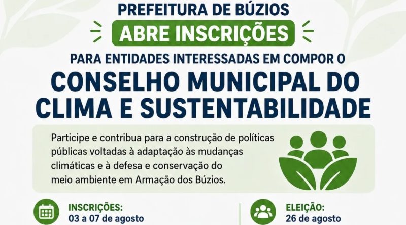 Prefeitura de Búzios abre inscrições para eleição do Conselho Municipal do Clima e Sustentabilidade