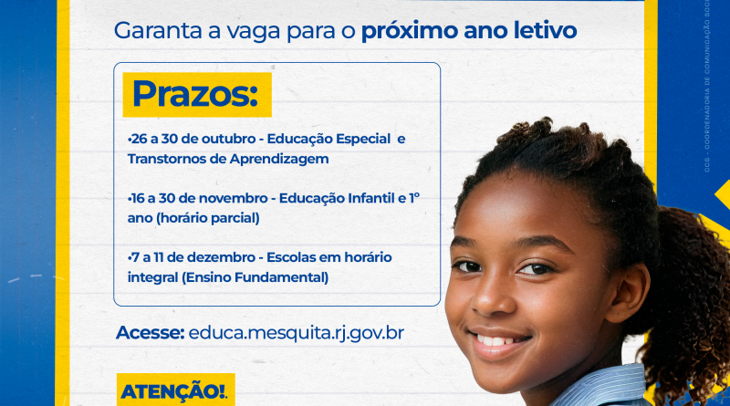 Pré-matrícula 2027: Mesquita divulga prazos e orientações
