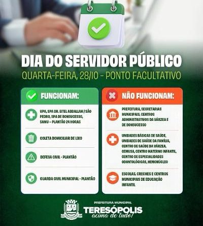 Prefeitura de Teresópolis e órgãos&nbsp;municipais&nbsp;não abrem nesta quarta, 28, Dia do Servidor Público